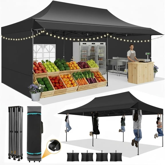COBIZI 10x20 Pop Up Canopy - Heavy Duty Waterproof Tent with Extended Awning,UPF 50+, Instant Set up for Outdoor Events, Weddings & Parties,Includes Roller Bag,Black