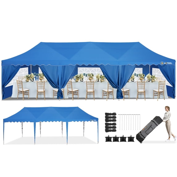 COBIZI 10x30 Pop Up Canopy Tent with 8 Sidewalls,Wave Eave Heavy Duty Canopy Tent for Outside ,Camping,Wedding,Ez tents for party with Roller Bag Thickened Frame Large Space UV 50+ Waterproof,Blue