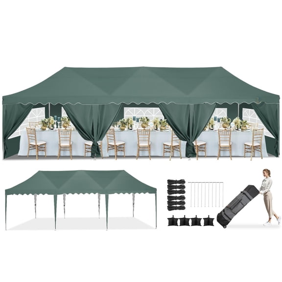 HOTEEL 10x30 Pop Up Canopy Tent with 8 Sidewalls,Wave Eave Heavy Duty Canopy Tent for Outside ,Camping,Wedding,Ez tents for party with Roller Bag Thickened Frame Large Space UV 50+ Waterproof,Gray