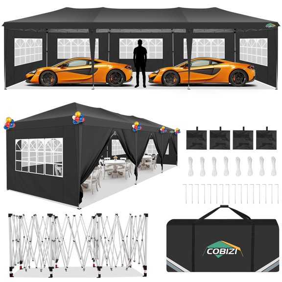 COBIZI 10x30 Pop up Canopy Tent for Parties Protable Canopy Tent with 8 Sidewalls Waterproof Commercial Instant Shelter for Wedding, Courtyard with Carry Bag and 4 Sandbags(10x30FT, Black)
