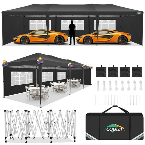COBIZI 10x30 Pop Up Canopy Tent with Removable Sidewalls, Waterproof Portable Easy Up Canopy with Carry Bag, Instant Outdoor Shelter Tents for Parties, Events, Backyard Gatherings, Weddings, Black