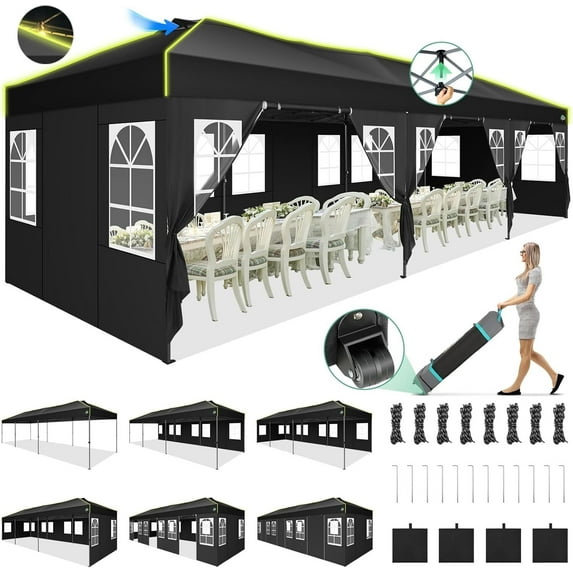 COBIZI 10x30 Pop Up Canopy Tent, Wedding Party Tent with 8 Sidewall One Push Setup Glow, 3 Adjustable Height Air Vent Waterproof UPF50+, Wheeled Bag, Sandbag, Stake, Rope for Commercial, Outdoor
