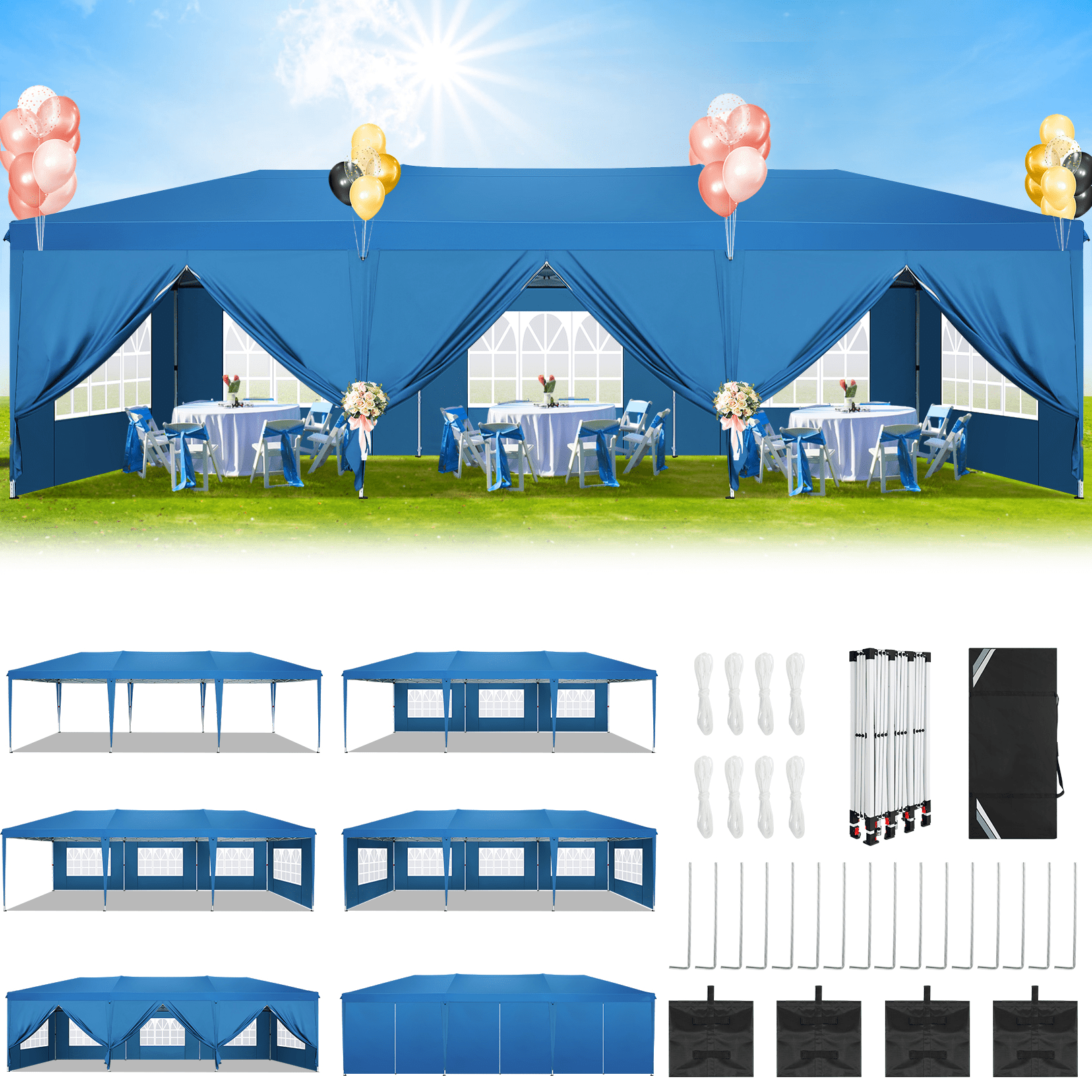 Blue 10x30 Heavy Duty Pop Up Canopy Tent with Sidewalls