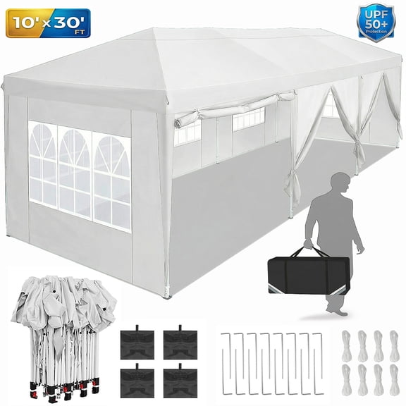 COBIZI 10x30 Pop Up Canopy Party Tent with 8 Sidewalls-Waterproof UPF 50+ Outdoor Wedding Event Tent with Sand Bags&Carry Bags,Pure White