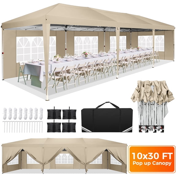 COBIZI 10x30 Pop up Canopy with Sidewalls Waterproof Canopy Tent for Outside Party Event Commercial Market Outdoor Patio Gazebo with Carry Bag,Khaki