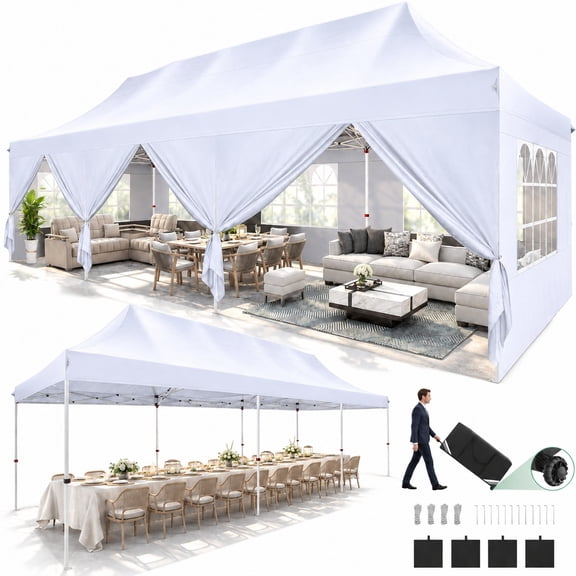 COBIZI 10x30 ft Pop Up Canopy Tent with 8 Removable Sidewalls, Waterproof 2000mm+ UPF 50+ Commercial Gazebo, Easy Setup for Wedding Party Trade Show, Includes Roller Bag, Sandbags and Stakes, White