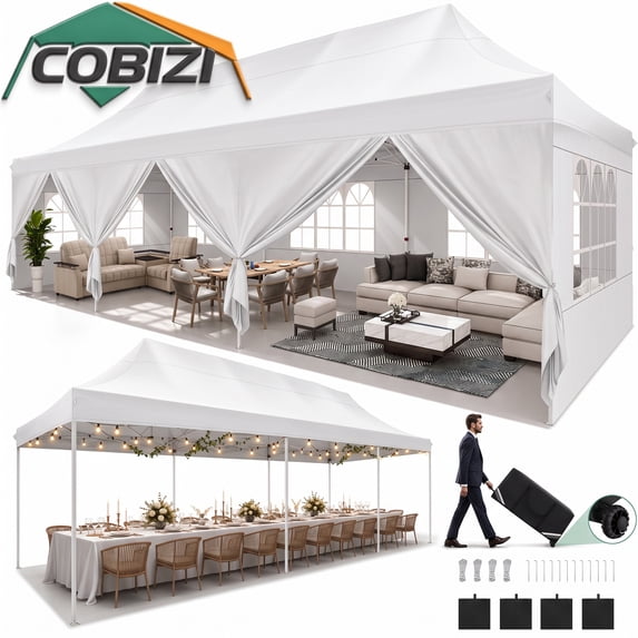 COBIZI 10x30 ft Pop Up Canopy Tent, 8 Removable Sidewalls, Waterproof 2000mm+ UPF 50+ Commercial Instant Gazebo, Easy Setup for Wedding Party Trade Show, Includes Roller Bag, Sandbags & Stakes, White