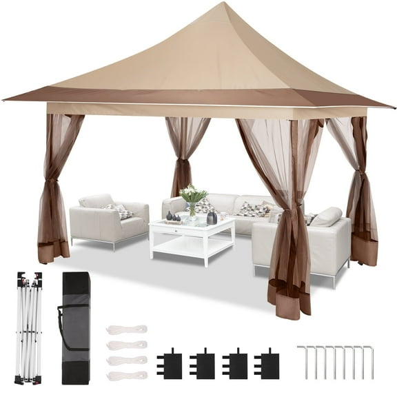 COBIZI 11.8x11.8 Outdoor Gazebo,Patio Gazebo Canopy with Mosquito Netting,Shade Tent for Party, Backyard, Deck, Patio Lawn & Garden,Complete Gazebo Canopy with Steel Frame Double Roof Tops,Khaki