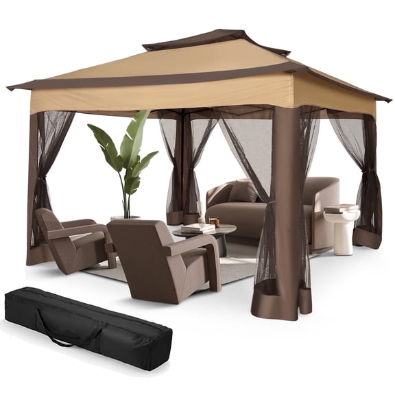 COBIZI 11x11 Pop up Gazebo Outdoor Canopy Gazebo Patio Gazebo with Mosquito Netting Canopy Shelter with 121 Square feet of Shade for Poolside, Garden, Party and Backyard, Brown