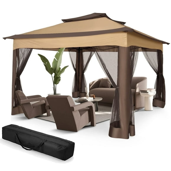 COBIZI 11x11 Pop up Gazebo Outdoor Canopy Gazebo Patio Gazebo with Mosquito Netting Canopy Shelter with 121 Square feet of Shade for Poolside, Garden, Party and Backyard, Brown