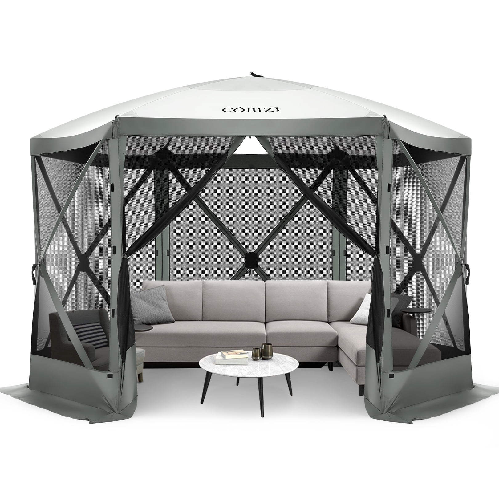 COBIZI 12'x12' Pop-up Gazebo Outdoor Camping Tent with 6 Sides Mosquito Netting, Waterproof, UV Resistant, Portable Screen House Room, Easy Set-up Party Tent with Carry bag, Ground Spike, Gray - Walmart.com