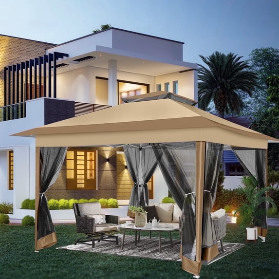 COBIZI 12'x12' Pop-up Gazebo Patio Gazebo Outdoor Gazebo Canopy with Mosquito Netting Patio Tent Backyard Canopy with 2-Tiered Vented Top 3 Adjustable Height and 144 Square Ft of Shade, Brown