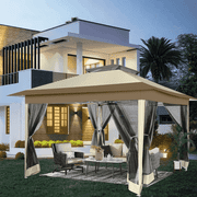 COBIZI 12'x12' Pop-up Gazebo Patio Gazebo Outdoor Gazebo Canopy with Mosquito Netting Patio Tent Backyard Canopy with 2-Tiered Vented Top 3 Adjustable Height and 144 Square ft of Shade, Khaki