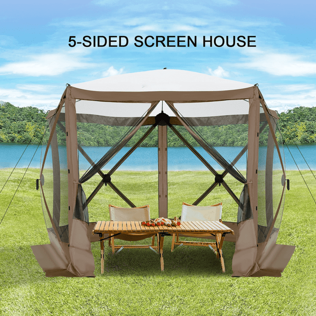 COBIZI 10x10 Pop up Gazebo Screen Tent Screen House for Camping,5 Sided Pop-up Camping Canopy Shelter Tent with Mesh Windows,Portable Outdoor Quick-set Hub Tent with Carrying Bag&Ground Stakes,Brown