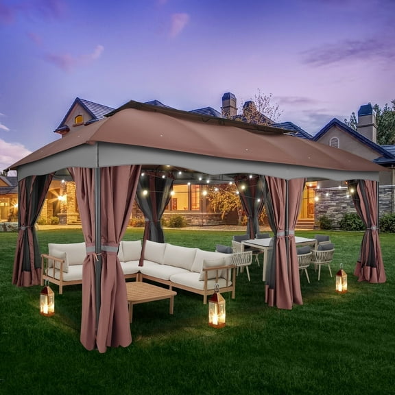 COBIZI 12X20 Heavy Duty Gazebo Outdoor Gazebo with Mosquito Netting and Curtains,Canopy Tent Deck Gazebo with Double-Arc Roof Ventiation and Metal Steel Frame Suitable for Lawn, Backyard, Patio,Brown