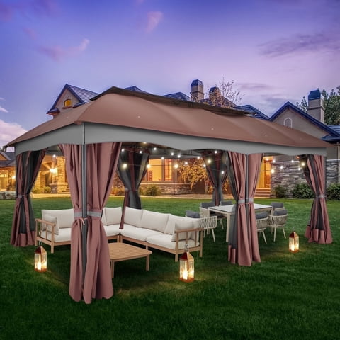 COBIZI 12X20 Heavy Duty Gazebo Outdoor Gazebo with Mosquito Netting and Curtains,Canopy Tent Deck Gazebo with Double-Arc Roof Ventiation and Metal Steel Frame Suitable for Lawn, Backyard, Patio,Brown