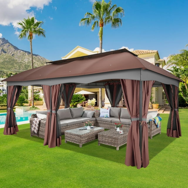 COBIZI 12X20 Heavy Duty Gazebo Outdoor Gazebo with Mosquito Netting and Curtains, Canopy Tent Deck Gazebo with Double-Arc Roof Ventiation and Metal Steel Frame Suitable for Lawn, Backyard, Patio