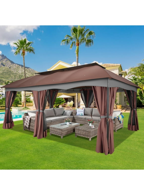 COBIZI 12X20 Heavy Duty Gazebo Outdoor Gazebo with Mosquito Netting and Curtains, Canopy Tent Deck Gazebo with Double-Arc Roof Ventiation and Metal Steel Frame Suitable for Lawn, Backyard, Patio