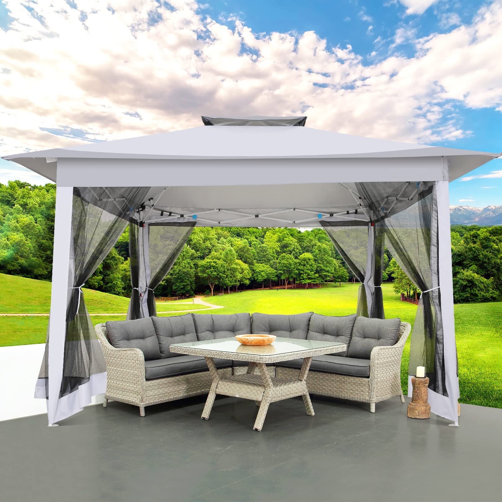 Gray 12x12 Outdoor Metal Frame Pop-Up Gazebo with Mosquito Netting