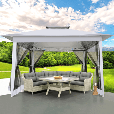COBIZI 12x12 Outdoor Gazebo Pop Up Gazebo Canopy with Mosquito Netting Patio Tent Backyard Canopy with 2-Tiered Vented Top 3 Adjustable Height, Gray