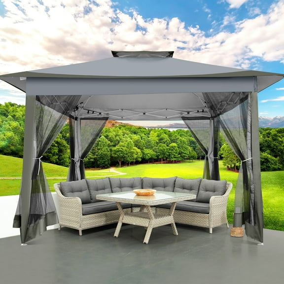 COBIZI 12x12 Outdoor Gazebo Pop-up Gazebo Canopy with Mosquito Netting Patio Tent Backyard Canopy with 2-Tiered Vented Top 3 Adjustable Height, Dark Grey