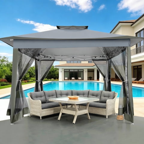 COBIZI 12x12 Outdoor Gazebo Pop-up Gazebo Canopy with Mosquito Netting Patio Tent Backyard Canopy with 2-Tiered Vented Top 3 Adjustable Height, Dark Grey