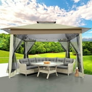 COBIZI 12x12 Outdoor Gazebo Pop-up Gazebo Canopy with Mosquito Netting Patio Tent Backyard Canopy with 2-Tiered Vented Top 3 Adjustable Height, Beige