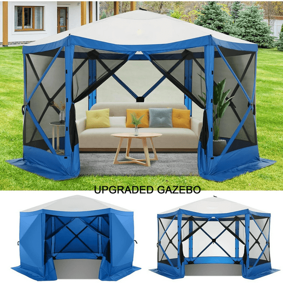COBIZI 12x12 Pop Up Canopy Gazebo, Outdoor Canopy Tent Screen House with 5 sidewalls and Netting for Camping, Waterproof, UV Resistant, Ez Set-up Party Tent with Carrying Bag and Ground Stakes,Blue