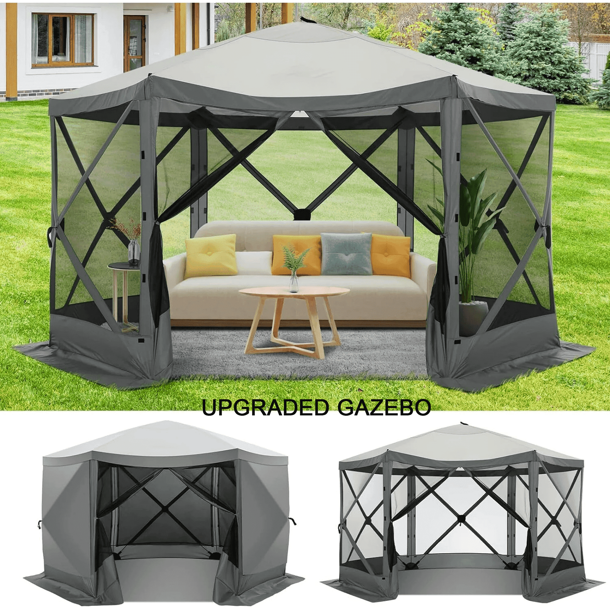 COBIZI 12x12 Pop Up Canopy Gazebo, Outdoor Canopy Tent Screen House with 5 sidewalls and Netting for Camping, Waterproof, UV Resistant, Ez Set-up Party Tent with Carrying Bag and Ground Stakes,Gray