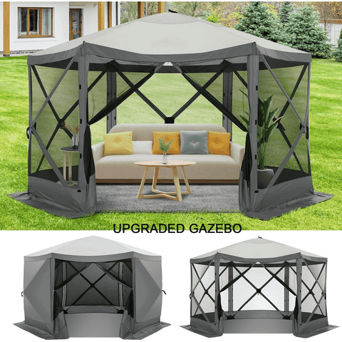 COBIZI 12x12 Pop Up Canopy Gazebo, Outdoor Canopy Tent Screen House with 5 sidewalls and Netting for Camping, Waterproof, UV Resistant, Ez Set-up Party Tent with Carrying Bag and Ground Stakes,Gray