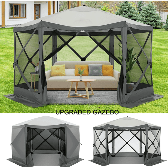 COBIZI 12x12 Pop Up Canopy Gazebo, Outdoor Canopy Tent Screen House with 5 sidewalls and Netting for Camping, Waterproof, UV Resistant, Ez Set-up Party Tent with Carrying Bag and Ground Stakes,Gray