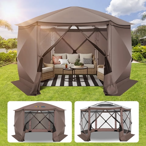 COBIZI 12x12 Pop-up Gazebo Screen Canopy with 5 Sidewalls and Mosquito Nettings for Camping, Tent Instant Screened House with Carrying Bag and Ground Stakes, Brown(Upgraded)