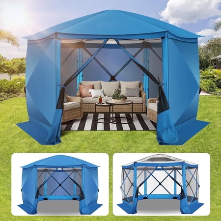 COBIZI 12x12 Pop-up Gazebo Screen Canopy with 5 Sidewalls and Mosquito Nettings for Camping, Tent Instant Screened House with Carrying Bag and Ground Stakes, Blue(Upgraded)