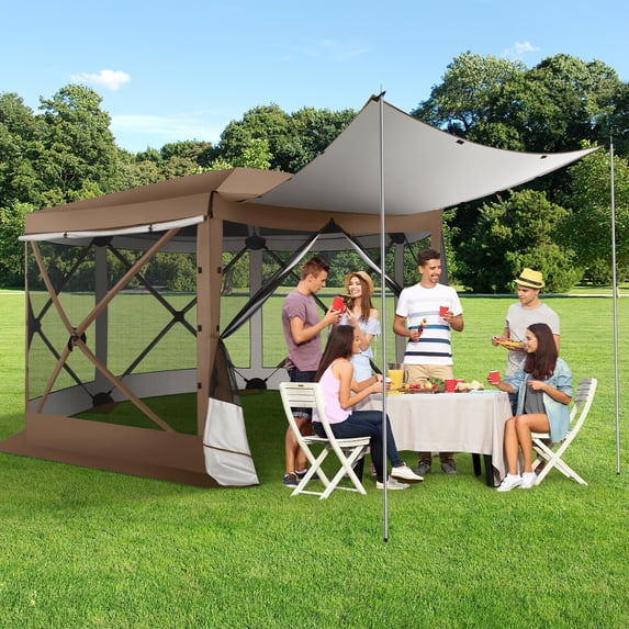 COBIZI 12x12 Pop-up Gazebo Screen Canopy with 5 Sidewalls and Mosquito Nettings for Camping, Tent Instant Screened House with Carrying Bag and Ground Stakes, Brown(Upgraded)