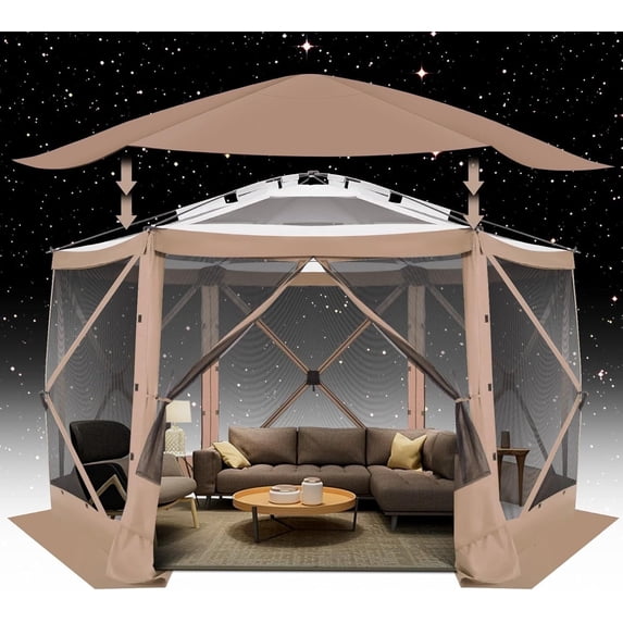 COBIZI 12x12 Pop-up Gazebo Starry Sky Screen Canopy Tent Screen House for Camping, Screen Room with Mosquito Netting, Hub Tent Instant Screened Canopy with Carrying Bag and Ground Stakes, Khaki
