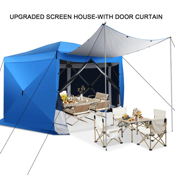 COBIZI 12x12ft Pop up Gazebo Screen House Tent for Camping, 6-Sided Outdoor Canopy Tent with Removable Roof&Sidewalls, Portable Hub Tent with Carrying Bag and Ground Stakes, Blue(Upgraded)