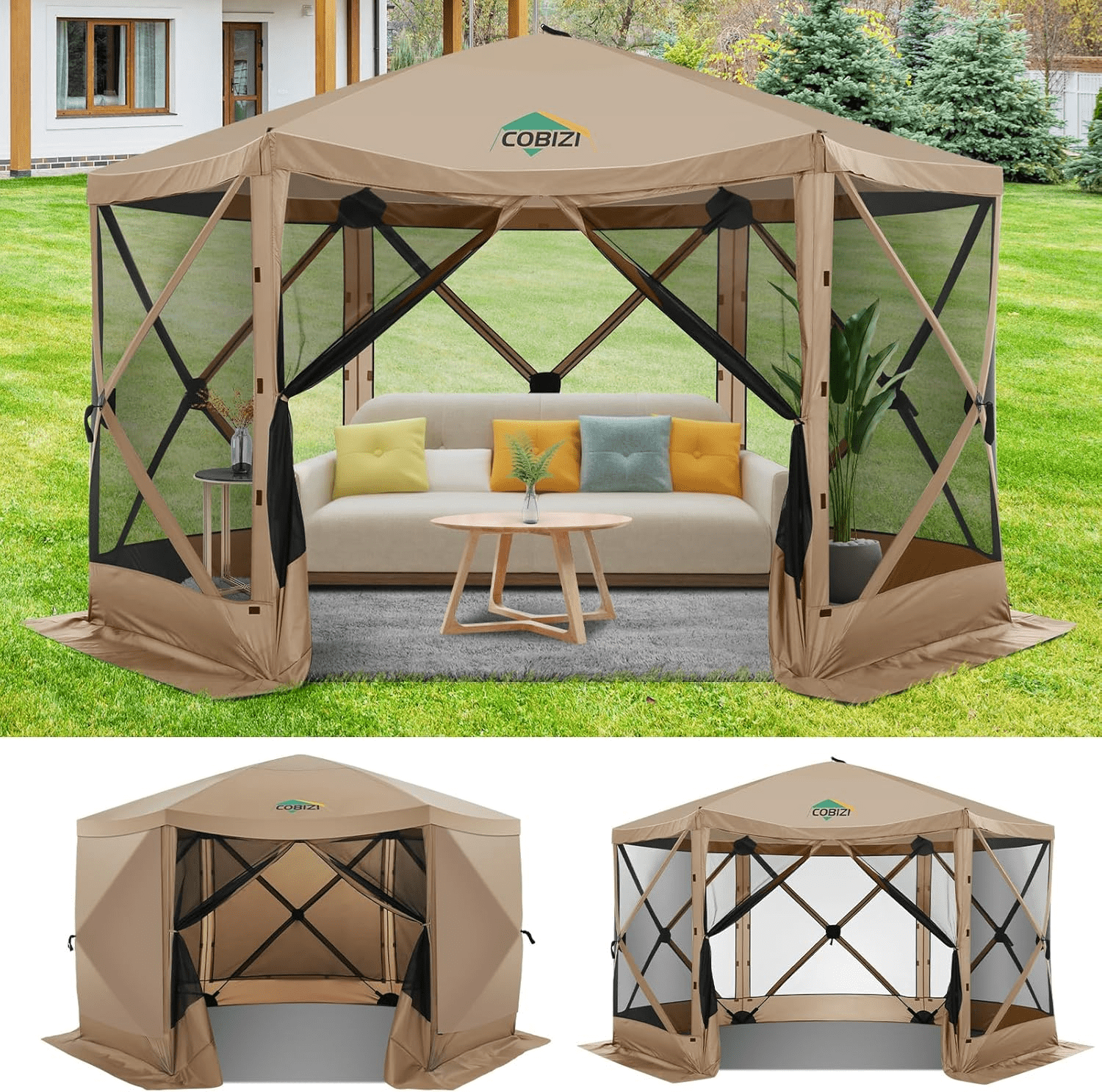 EAGLE PEAK 12x12 ft Portable Quick Pop Up Canopy Tent with 3 Wall Panels, Green/Beige EAGLE PEAK 12x12 ft Portable Quick Pop Up Canopy Tent with 3 Wall Panels, Green/Beige
