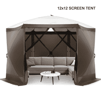 COBIZI 12x12ft Pop-up Gazebo Screen Tent Screen House with sidewalls and Mosquito Netting for Camping, Waterproof, UV Resistant, EZ Set-up Party Canopy with Carrying Bag and Ground Stakes, Brown