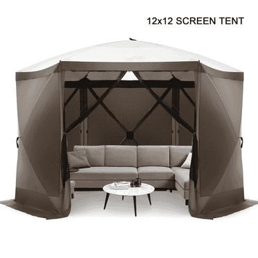 COBIZI 12x12ft Pop-up Gazebo Screen Tent Screen House with sidewalls and Mosquito Netting for Camping, Waterproof, UV Resistant, EZ Set-up Party Canopy with Carrying Bag and Ground Stakes, Brown