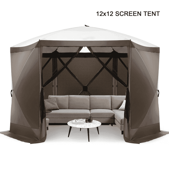 COBIZI 12x12ft Pop-up Gazebo Screen Tent Screen House with sidewalls and Mosquito Netting for Camping, Waterproof, UV Resistant, EZ Set-up Party Canopy with Carrying Bag and Ground Stakes, Brown