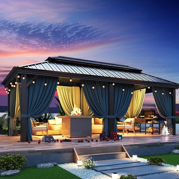 COBIZI 12x20 Hardtop Gazebo Aluminum Metal Gazebos Galvanized Steel Double Roof Permanent Hardtop Gazebo with Netting and Curtains Aluminum Frame Gazebos for Deck,Lawns and Backyard,Black(Upgraded)