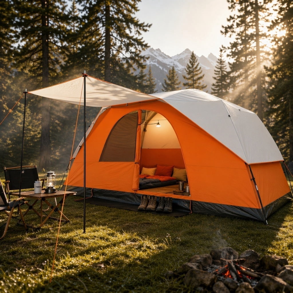 COBIZI 8-10-12 Person Family Camping Tent, 15x9FT Spacious Open Interior with Panoramic Mesh Roof, Waterproof & UV Protection, Easy Setup with Removable Rainfly, Orange