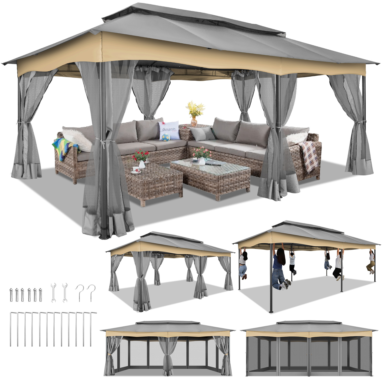 12x20 Outdoor Gazebo with Mosquito Netting Large Backyard Gazebo