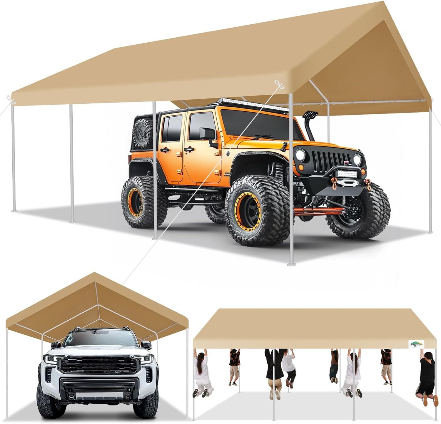 COBIZI 12x20ft Carport Heavy Duty, Portable Garage with Removable Sidewalls, Ventilated Windows & Built-in Sandbags, Car Canopy for Truck, Boat, SUV with All-Season Tarp, Waterproof, Khaki