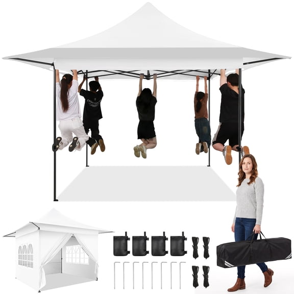 COBIZI 13x13 Pop Up Canopy with 4 Sidewalls, Heavy Duty Waterproof Party Tent with Sandbags, Adjustable Height Outdoor Canopy for Events, BBQs & Backyard Parties, All Season, White