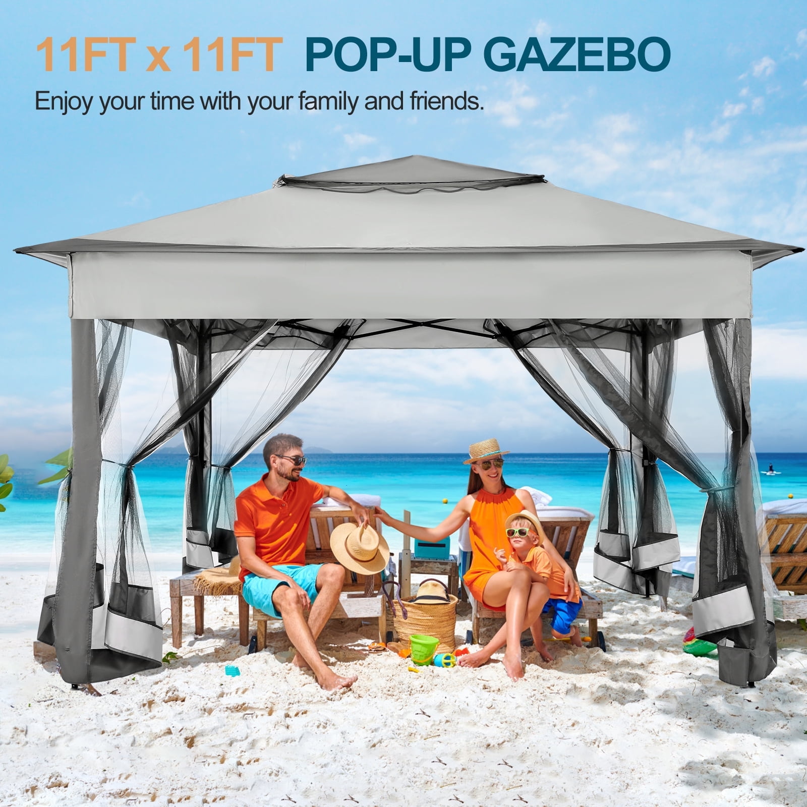 Gray 11x11 Pop-Up Patio Gazebo with Mosquito Netting