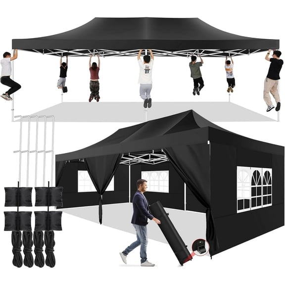 COBIZI 13x26 Extra Large Heavy duty Canopy Party Tent,Pop up Canopy with Side Walls for Outdoor Events Wedding,Picnics,Lawn Ez Up Canopy Four Seasons Windproof Canopy,Black(Frame Thickened)
