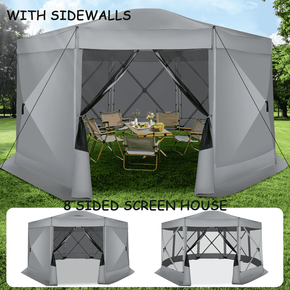 COBIZI 15x15 Pop up Gazebo Extra Large Screen Tent, 8-Sided Screen House for Camping, Camping Outdoor Screened Gazebo with 7 Sidewalls, Portable Hub Tent with Carrying Bag and Ground Stakes, Gray