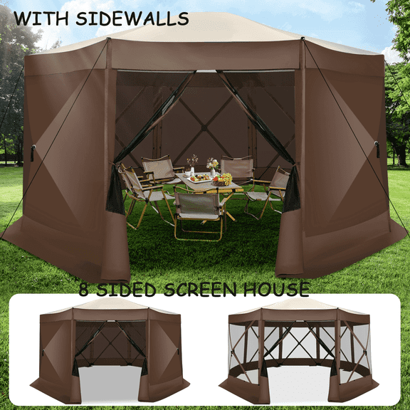 COBIZI 15x15 Pop up Gazebo Extra Large Screen Tent, 8-Sided Screen House for Camping, Camping Outdoor Screened Gazebo with 7 Sidewalls, Portable Hub Tent with Carrying Bag and Ground Stakes, Brown