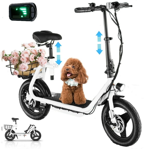 COBIZI Electric Scooter for Adults with Seat,Peak 560W Motor,Commuter Foldable Electric Scooter with Basket&14" Wheels,Up to 15 Miles 20Mph,White